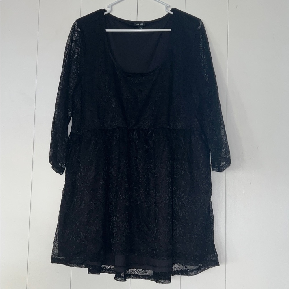 Torrid Black Floral Lace Overlay Babydoll Tunic Top 3/4 Sleeve Scoop Neck H5